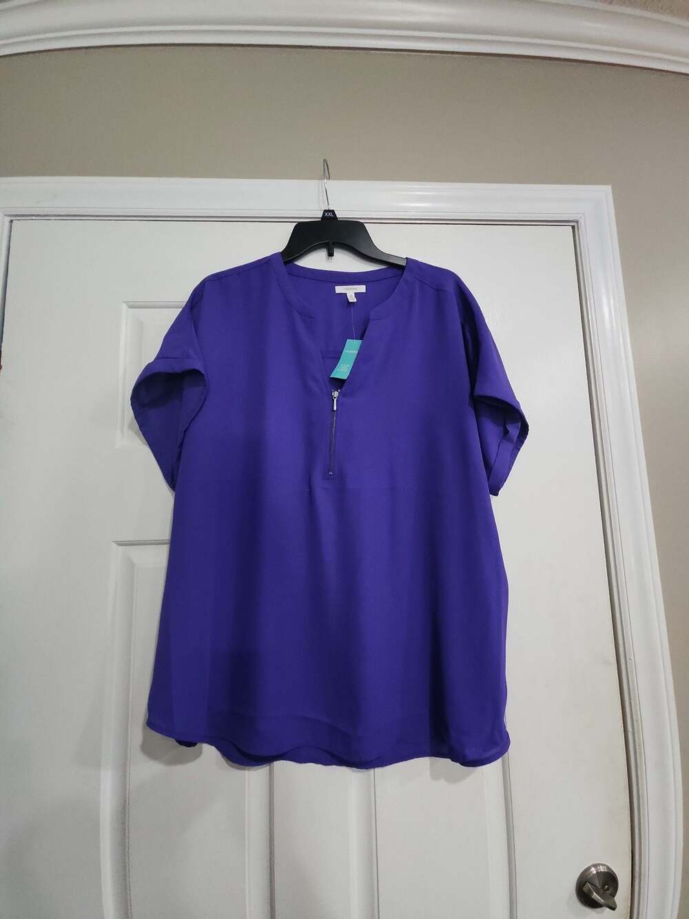 maurices Women's Purple Short Sleeve Split Neck Zip-Front Blouse